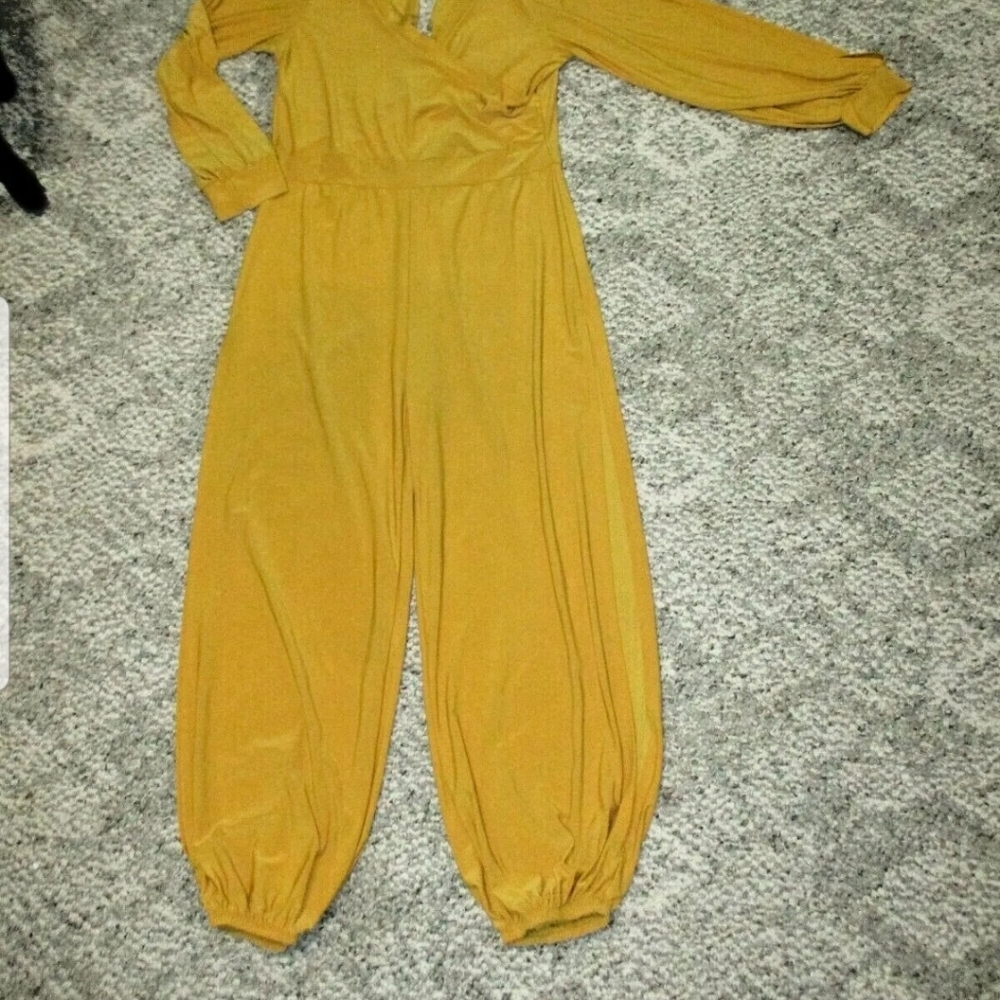 LIBIAN Gold Yellow Crossover V Neck Slit Arm Leg Long Sleeve Jumpsuit Romper 0X